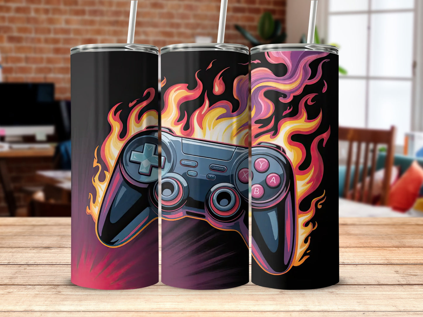 Flaming Gaming Controller Design Tumbler