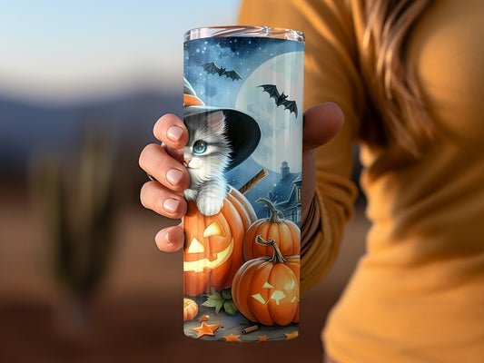 Cute Halloween Kitten and Pumpkins Tumbler Cup