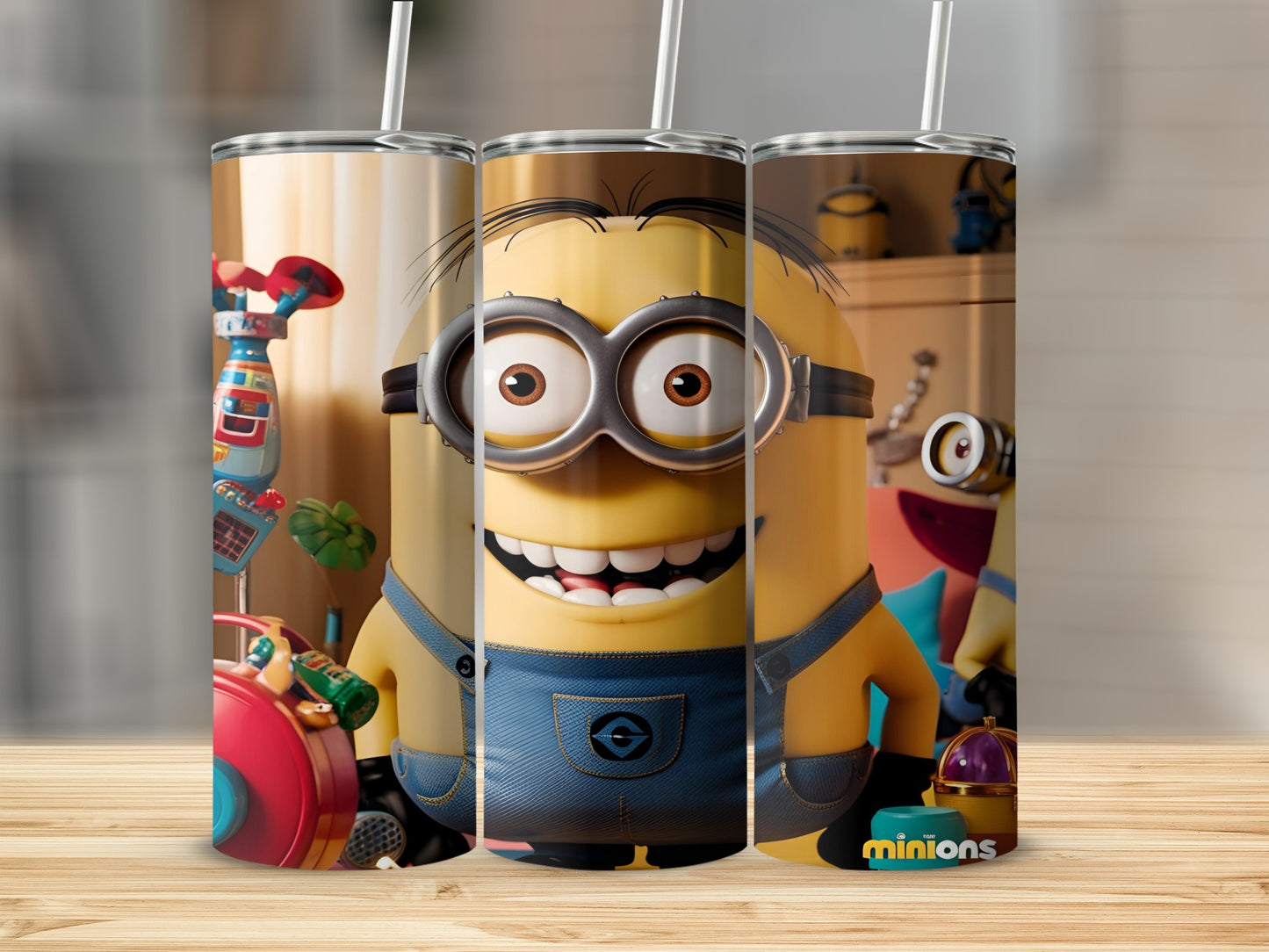 Despicable Me Minion character illustration on three stacked tumblers.