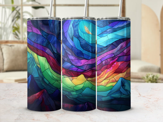 Three tumblers with abstract stained-glass mountain landscape design.