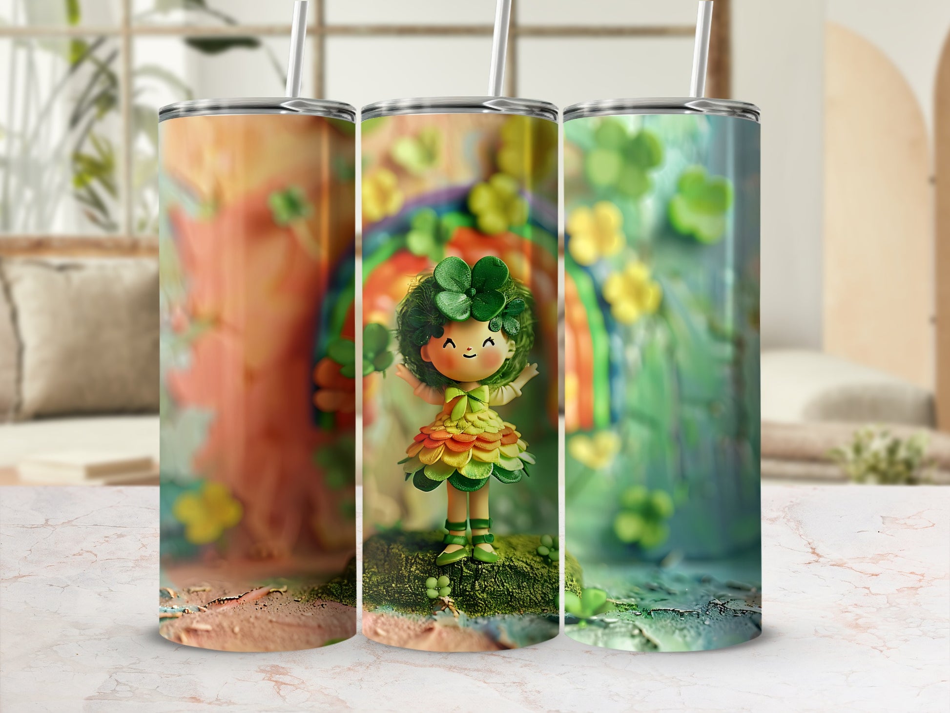 Three St. Patrick's Day themed tumblers with shamrocks and a rainbow.