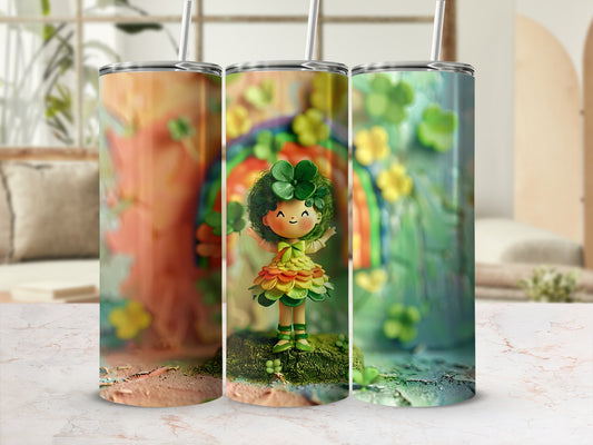 Three St. Patrick's Day themed tumblers with shamrocks and a rainbow.