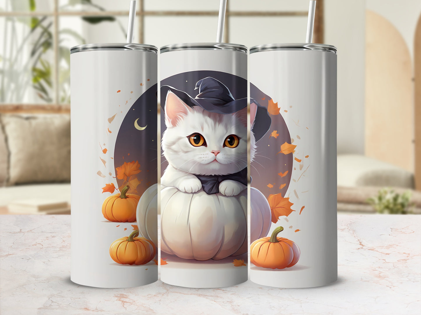 Cute white cat in witch hat on pumpkin with fall leaves.