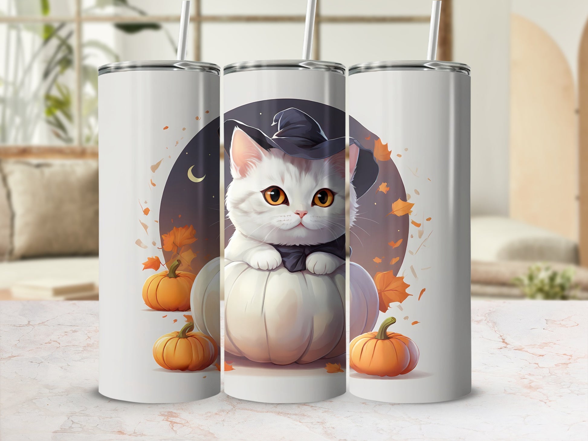 Cute white cat in witch hat on pumpkin with fall leaves.