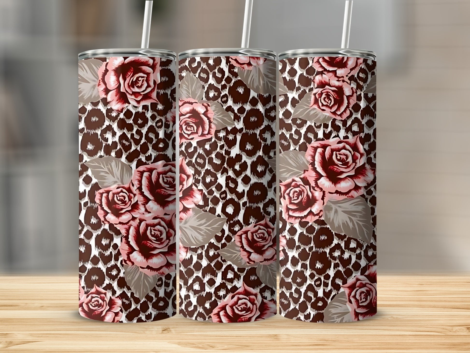Floral Leopard Print Insulated Tumbler with Straw