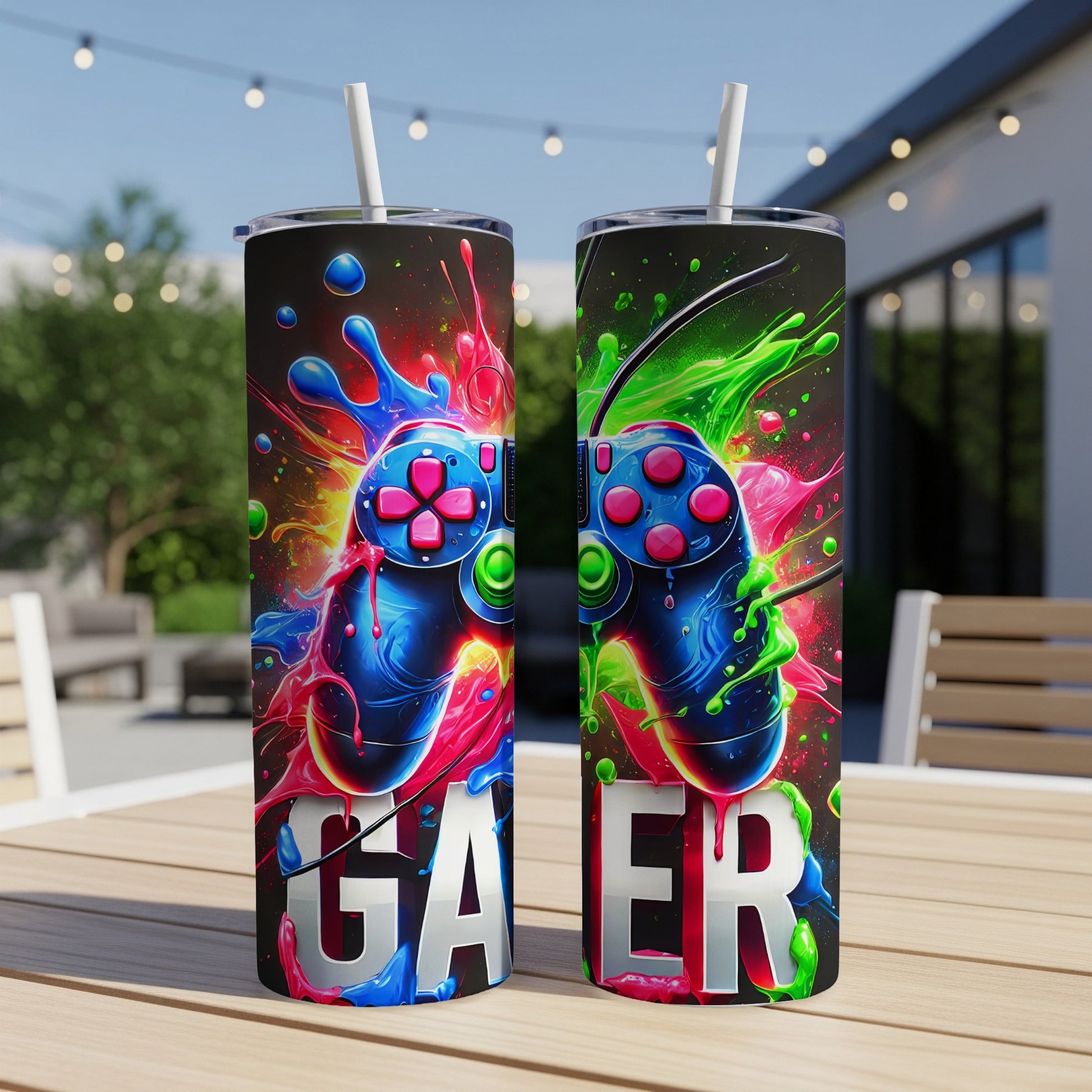 Two tumblers featuring a colorful video game controller with paint splatters and "GAER" text.