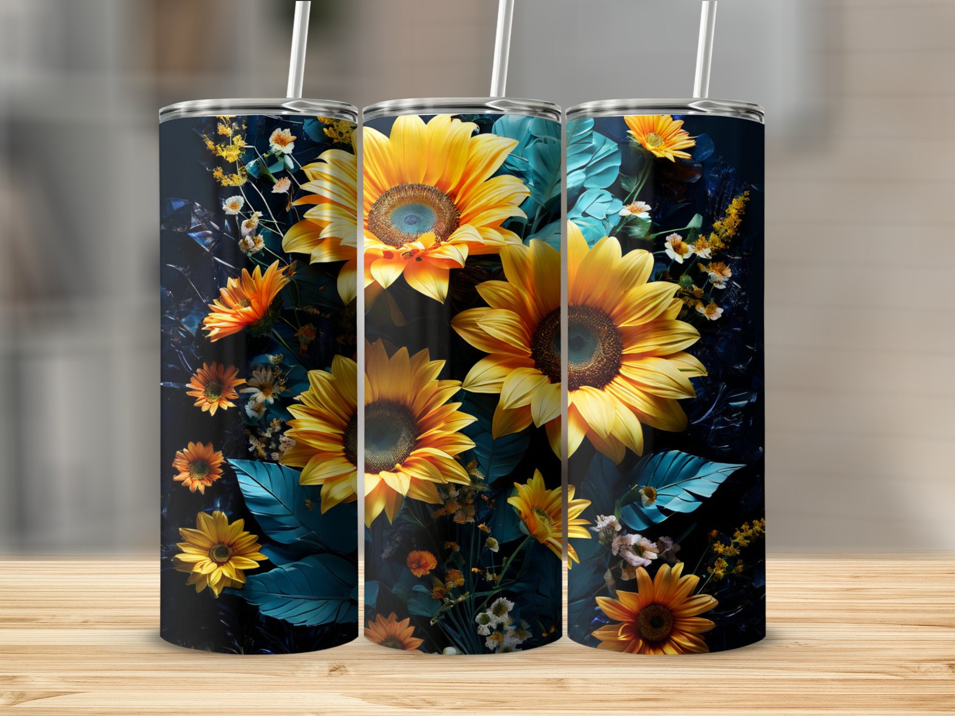 Three tumblers with sunflowers and dark foliage against a dark background.
