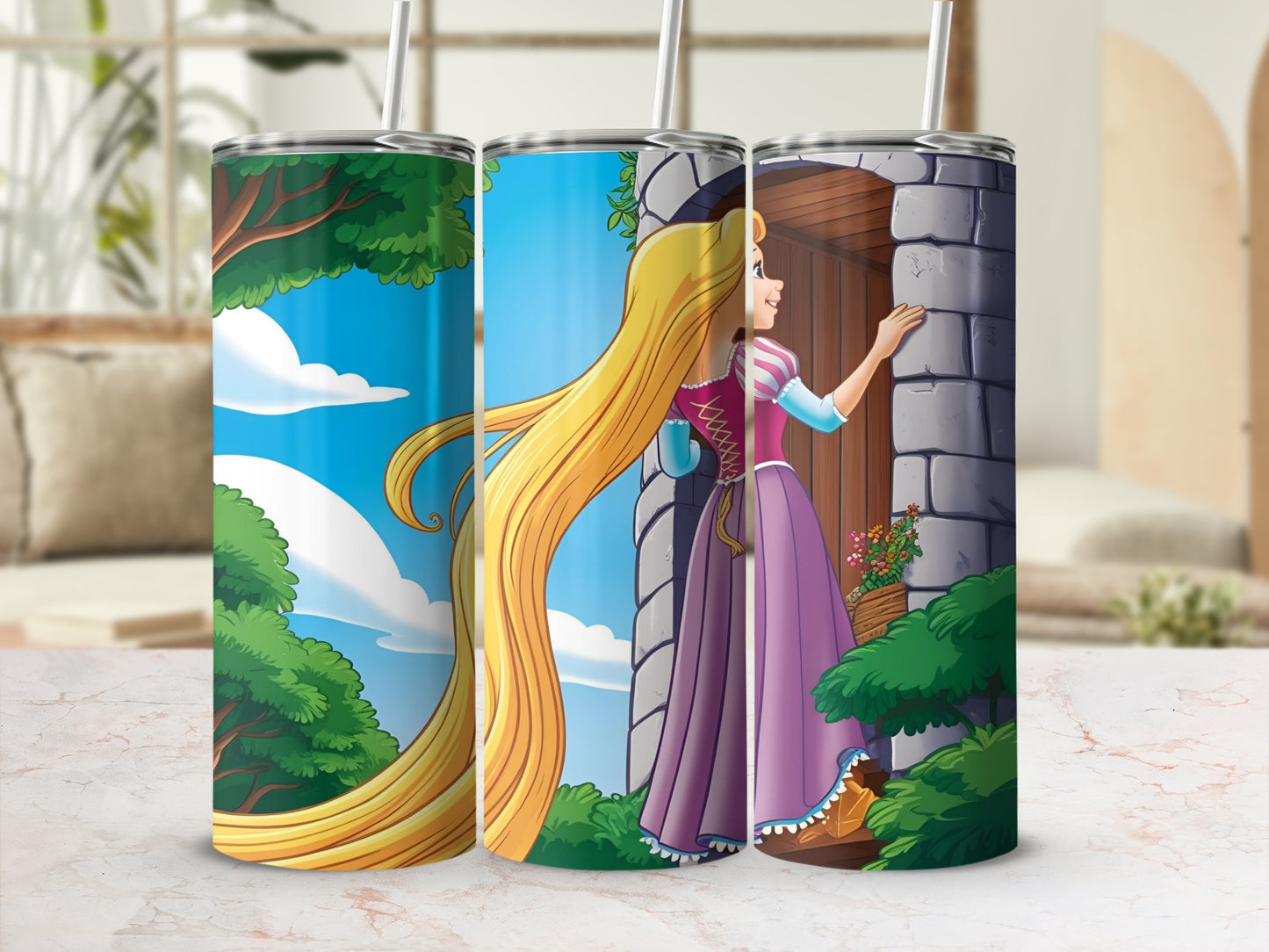 Tangled Rapunzel on a purple dress standing by a castle door.