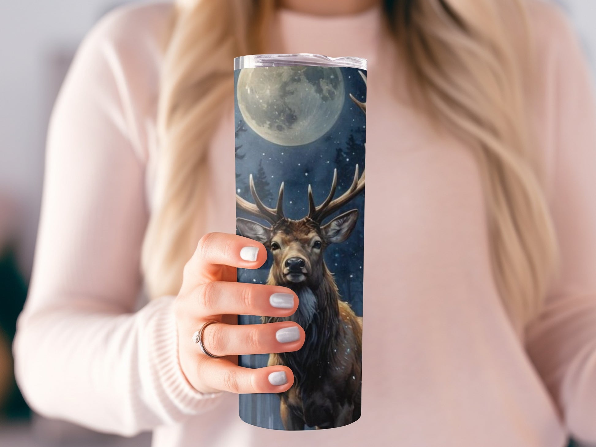 Majestic Deer Under Full Moon Travel Tumbler Product