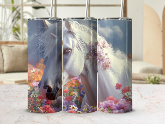 White horse with floral garland on a skinny tumbler.