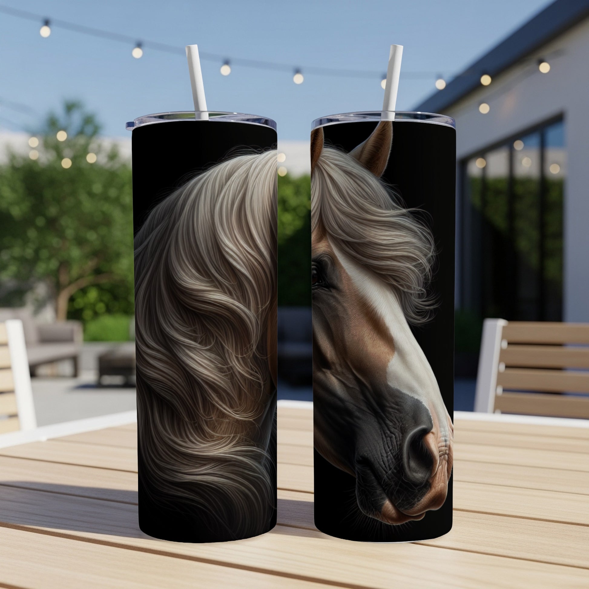 Two tumblers with realistic horse portraits, one showing the mane, the other the head.