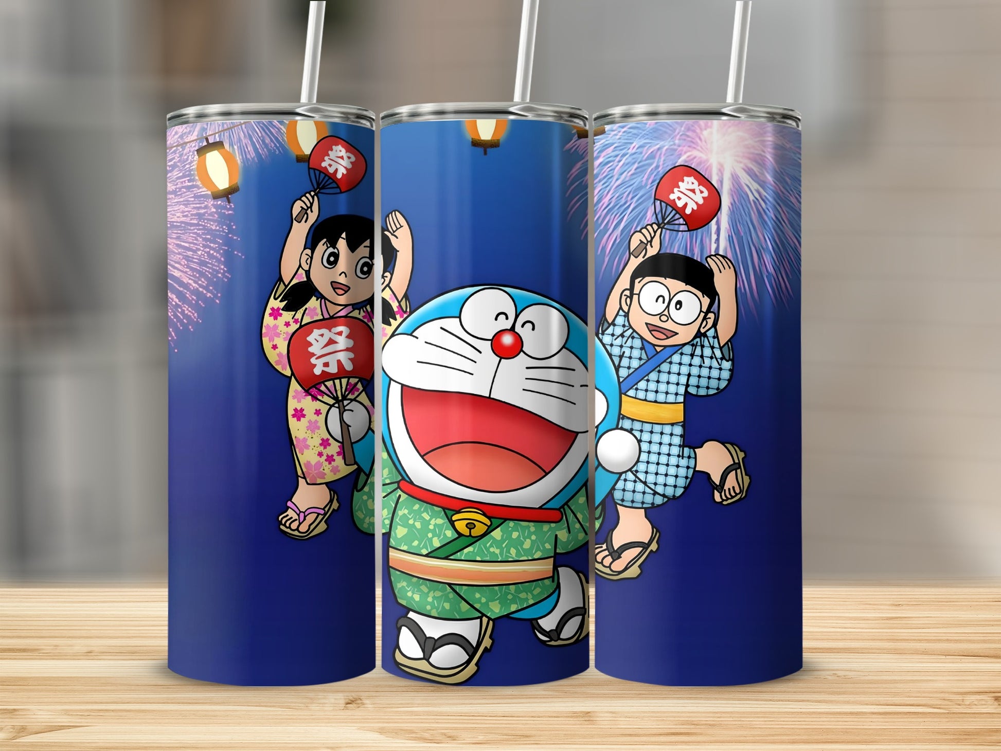 Blue Background Characters with Fireworks Tumbler