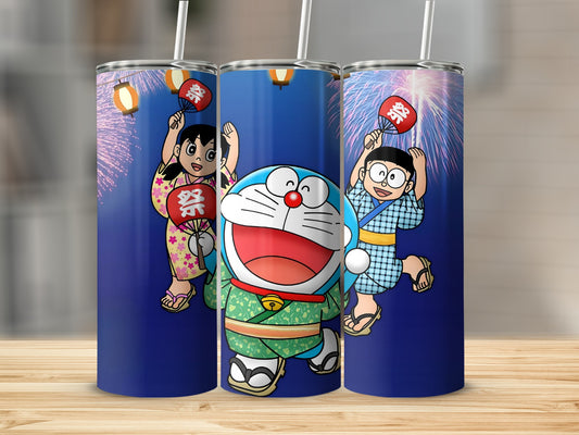Blue Background Characters with Fireworks Tumbler