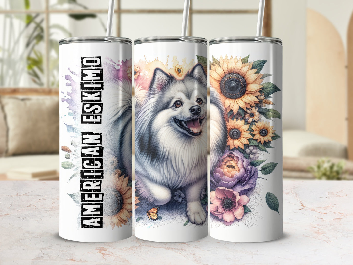 Three tumblers featuring an American Eskimo dog with sunflowers and other flowers.