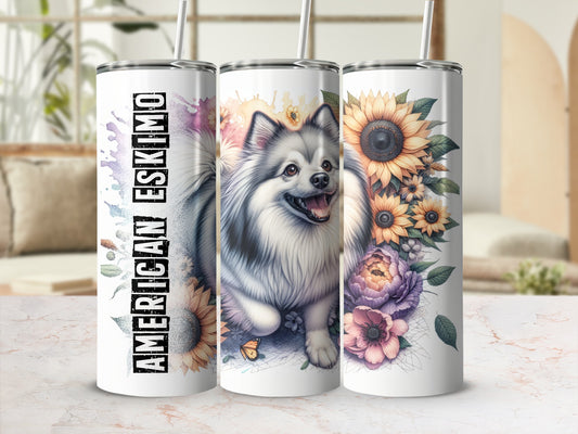 Three tumblers featuring an American Eskimo dog with sunflowers and other flowers.