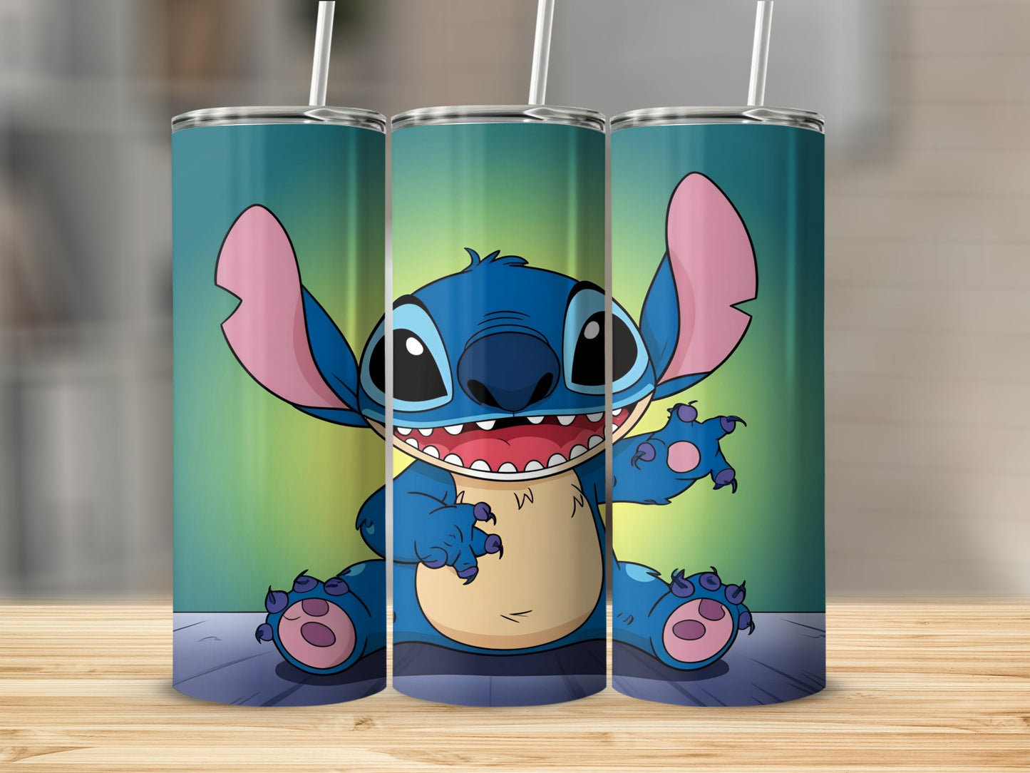 Blue Stitch character with large ears and open mouth on a gradient background.