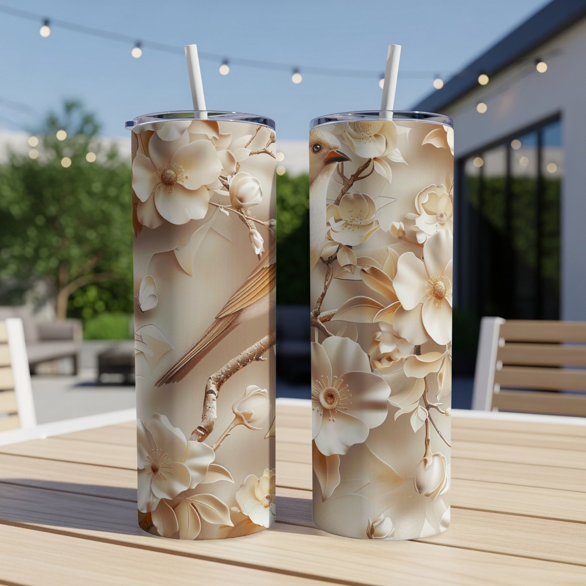 Two tumblers with a neutral floral and bird design on a wooden table.