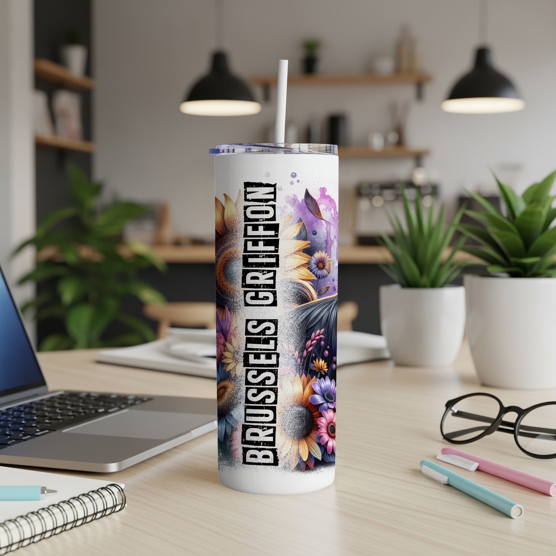 White tumbler with colorful floral and Brussels Griffon dog design.
