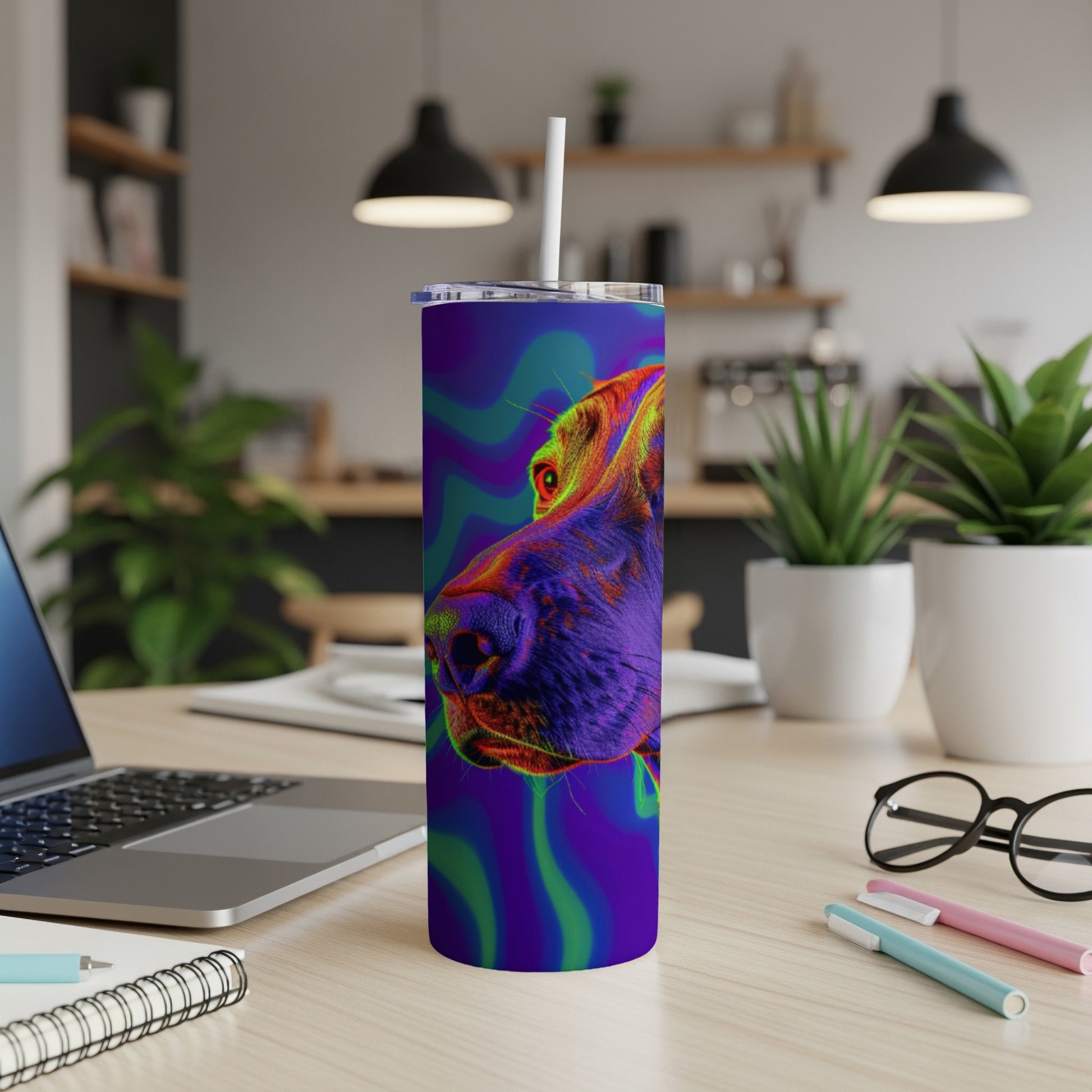 Dog portrait on a colorful psychedelic tumbler on a desk.