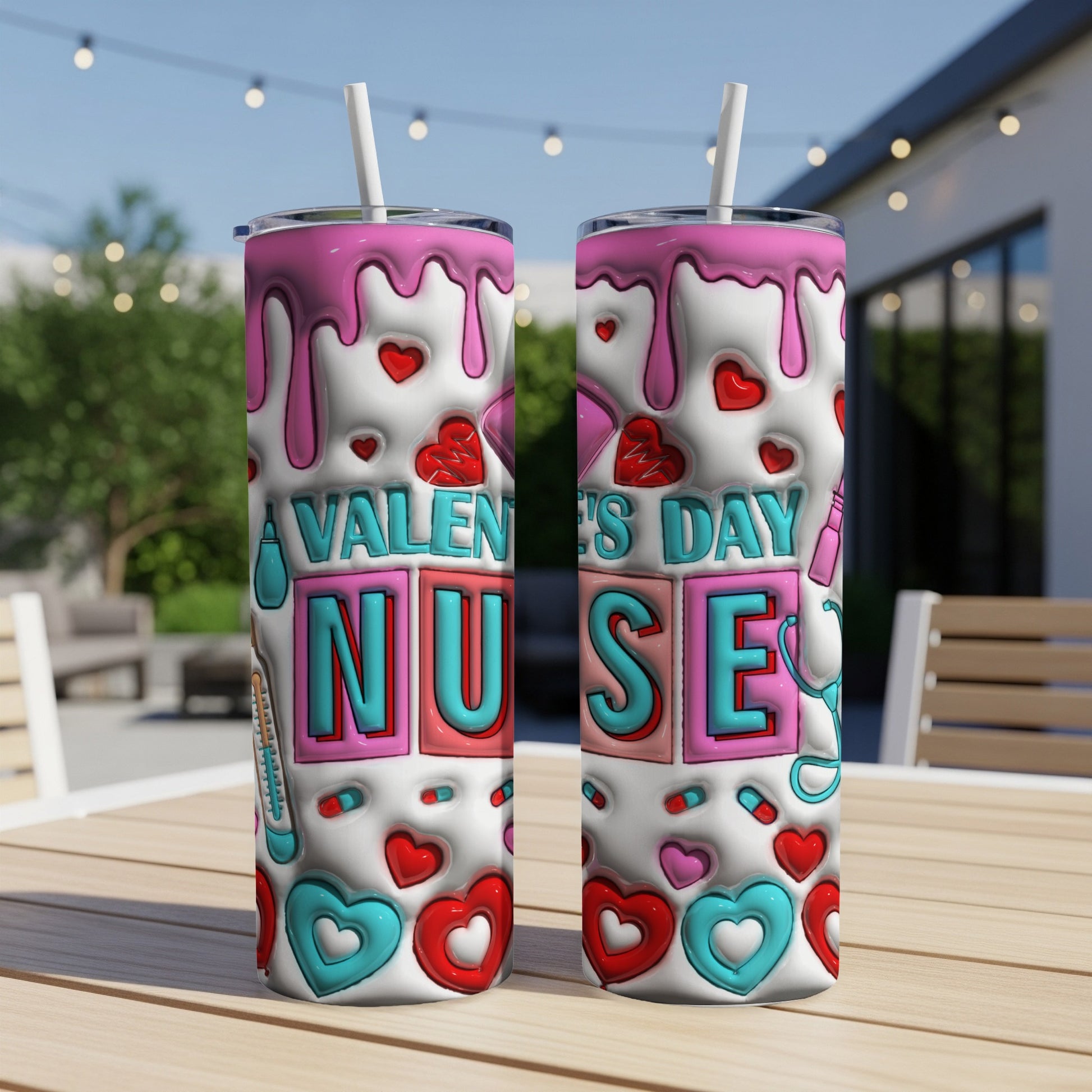 Valentine's Day Nurse tumbler with hearts and dripping pink icing.