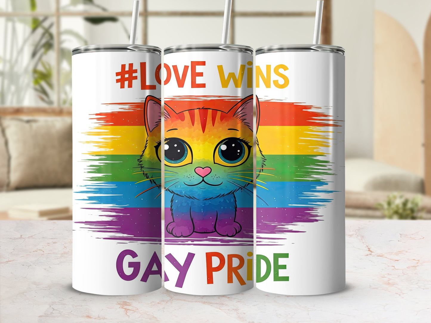 Rainbow cat with "#LOVE wins" and "GAY PRIDE" text.