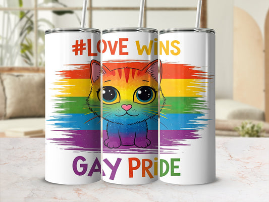 Rainbow cat with "#LOVE wins" and "GAY PRIDE" text.