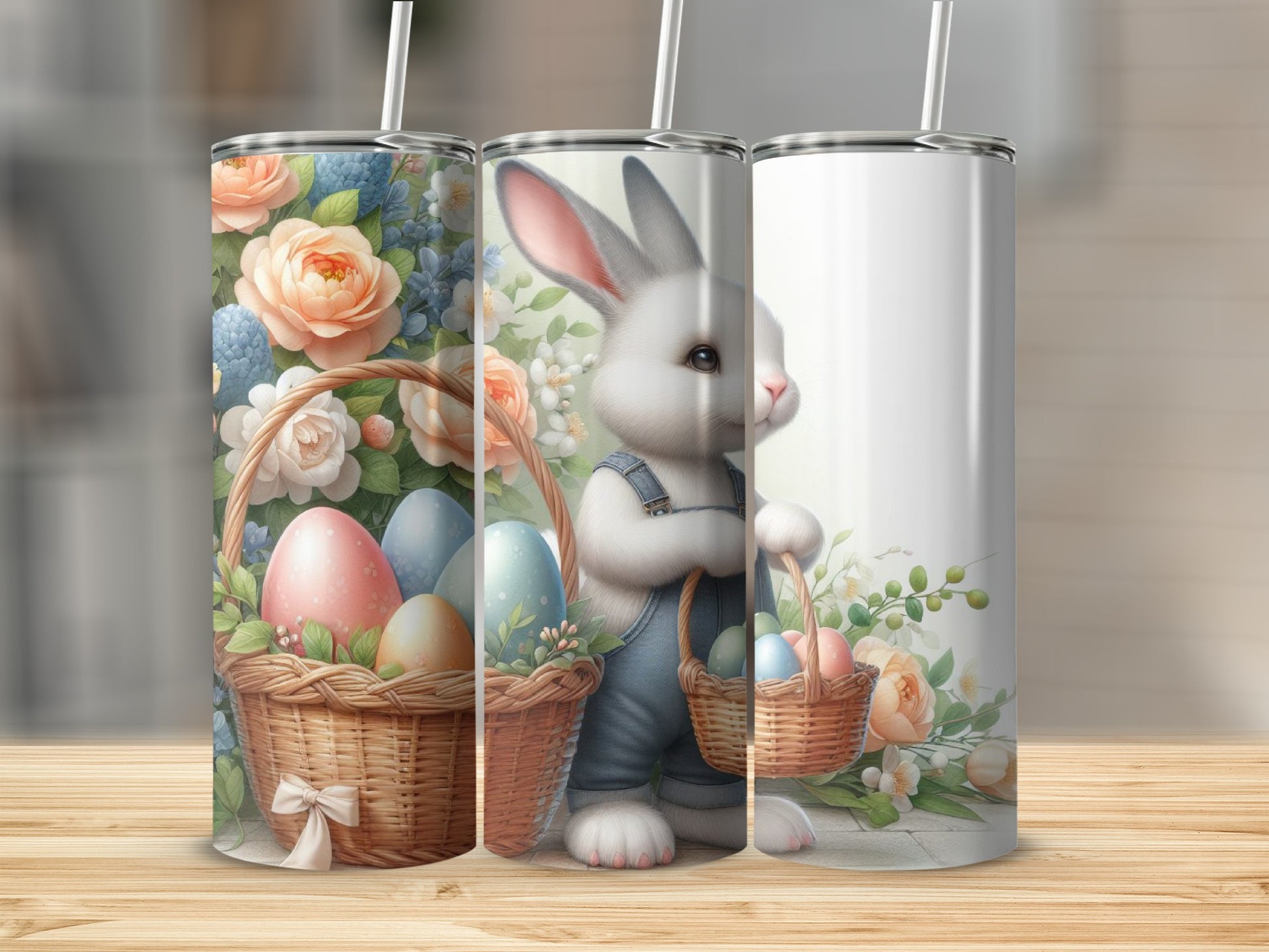 Easter bunny holding basket with colorful eggs and flowers.