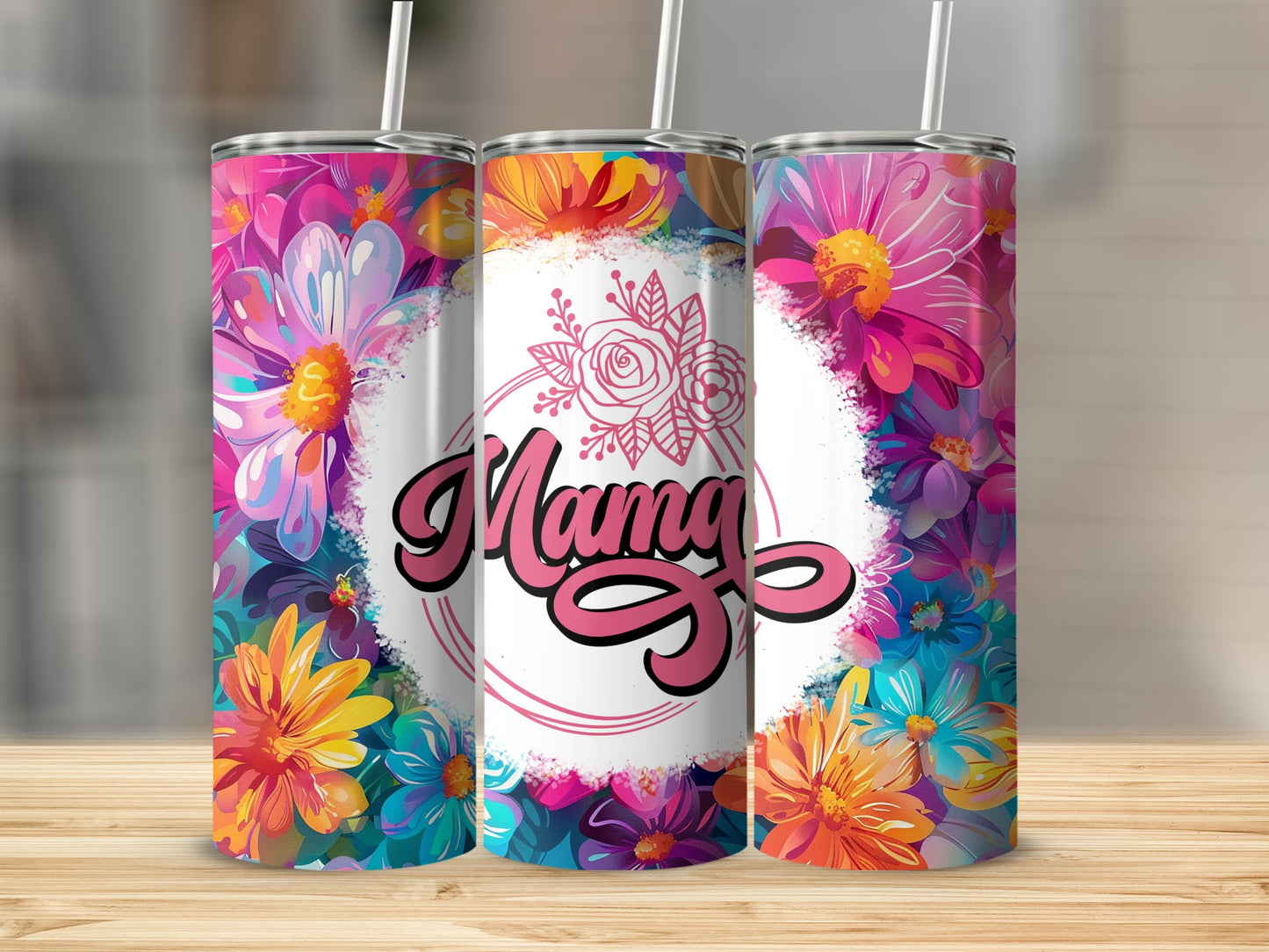 Floral Mama Design Tumbler with Straw Eco-Friendly Cups