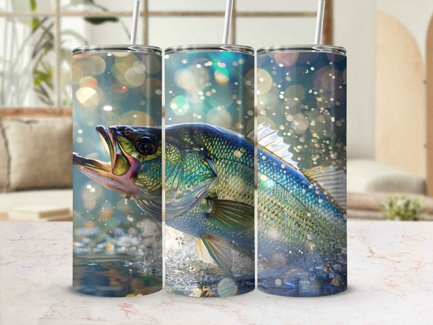 Largemouth bass leaping from water with vibrant scales and water spray.