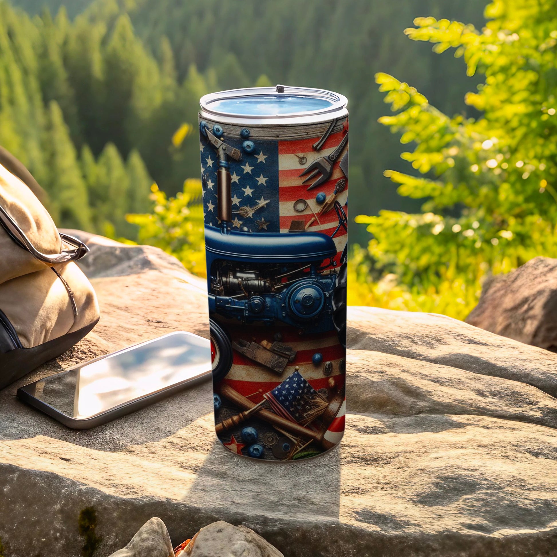 Blue tractor with American flag and tools on a patriotic tumbler.