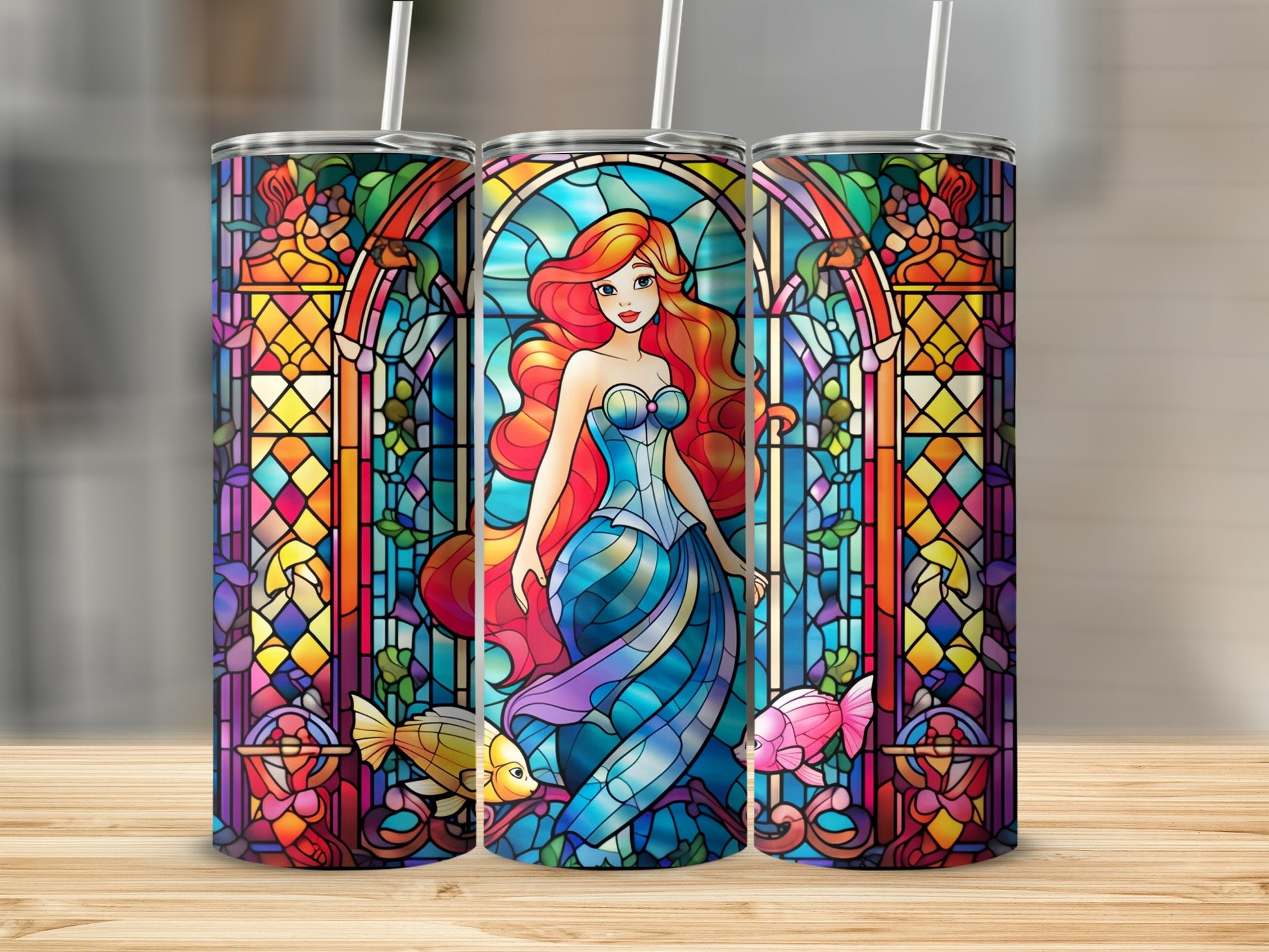 Vibrant Mythical Mermaid Stained Glass Art Tumbler