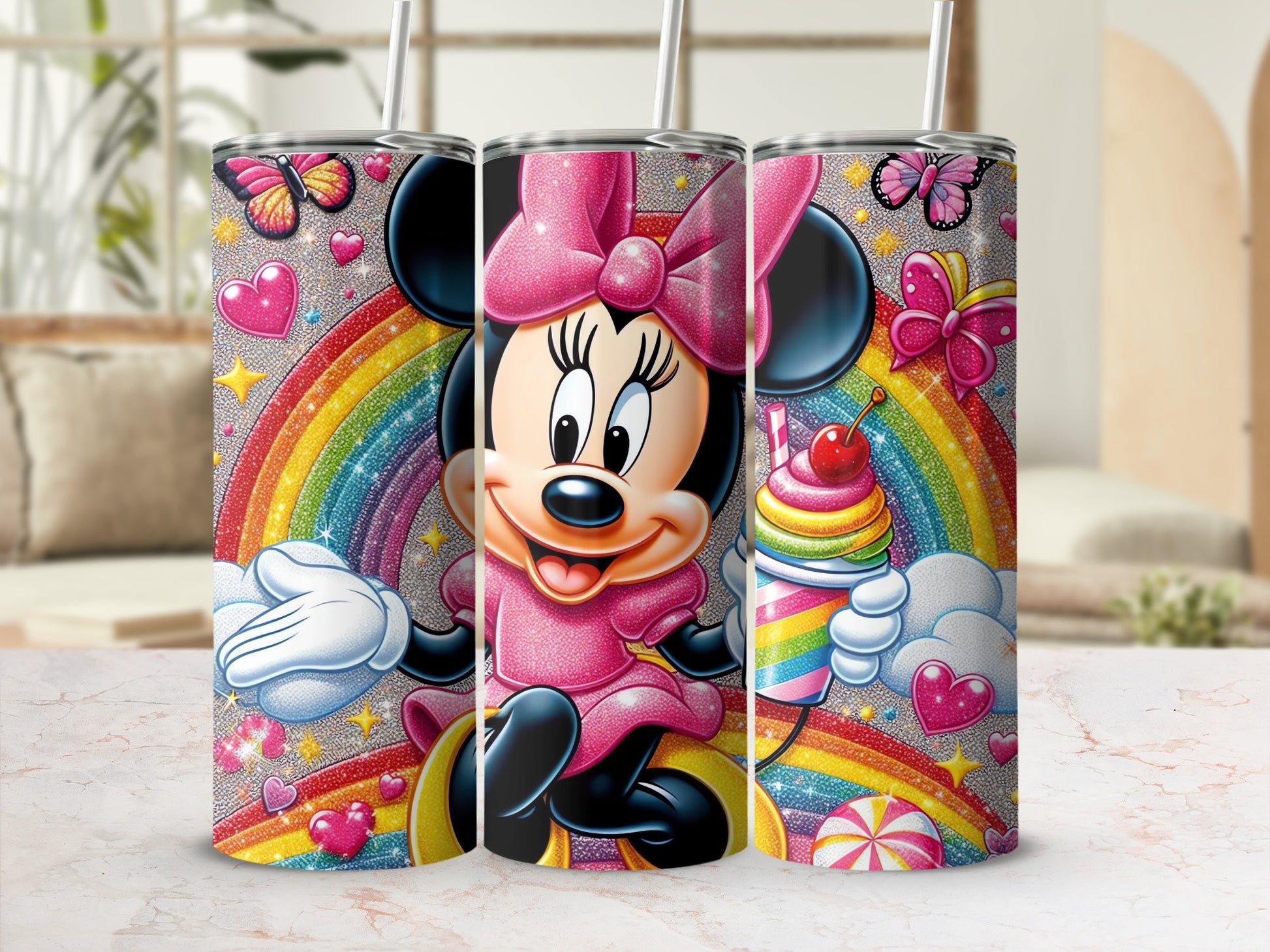 Colorful Minnie Rainbow Hearts and Cupcake Tumbler