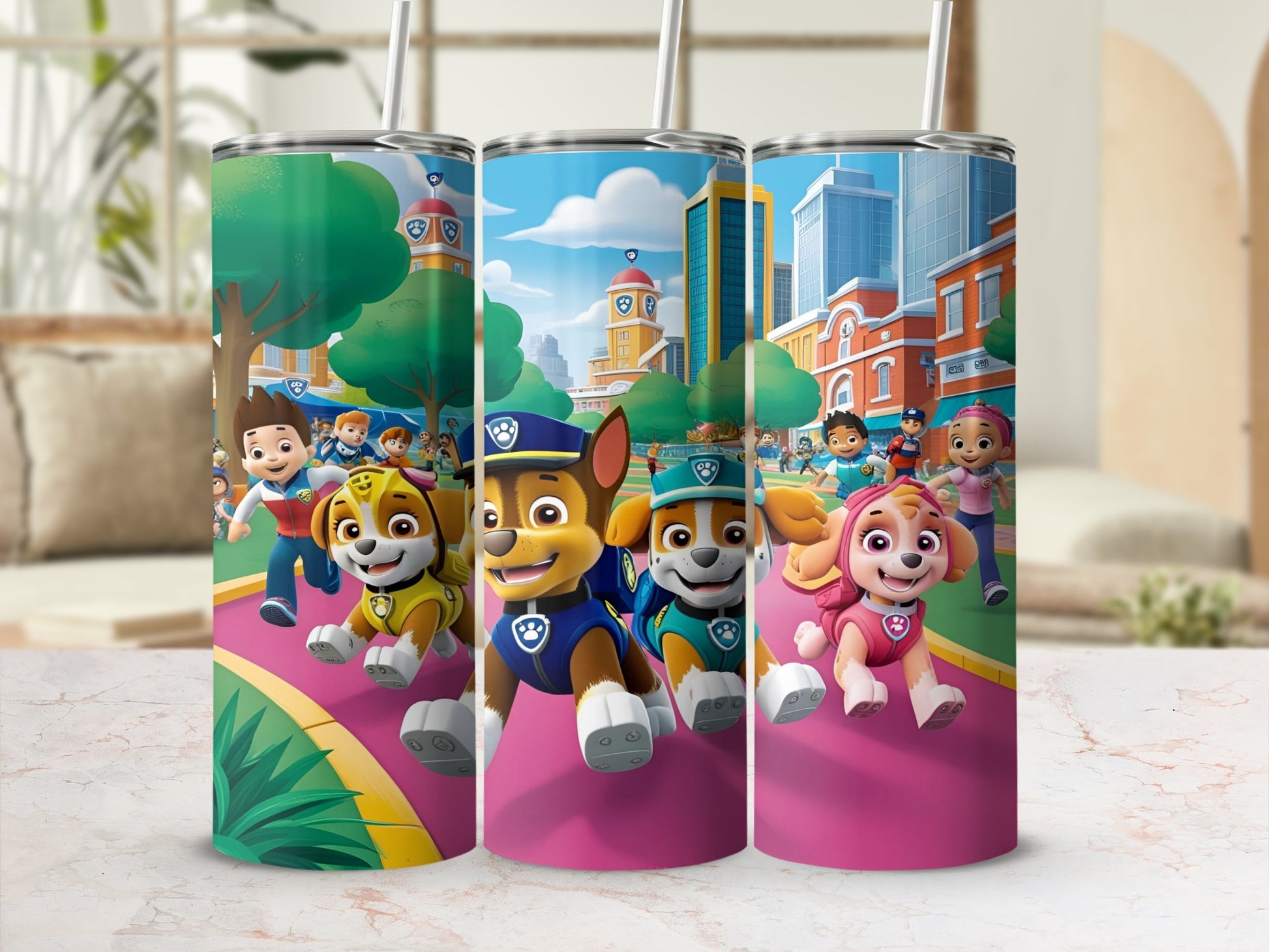 Three Paw Patrol characters running on a city street with buildings.