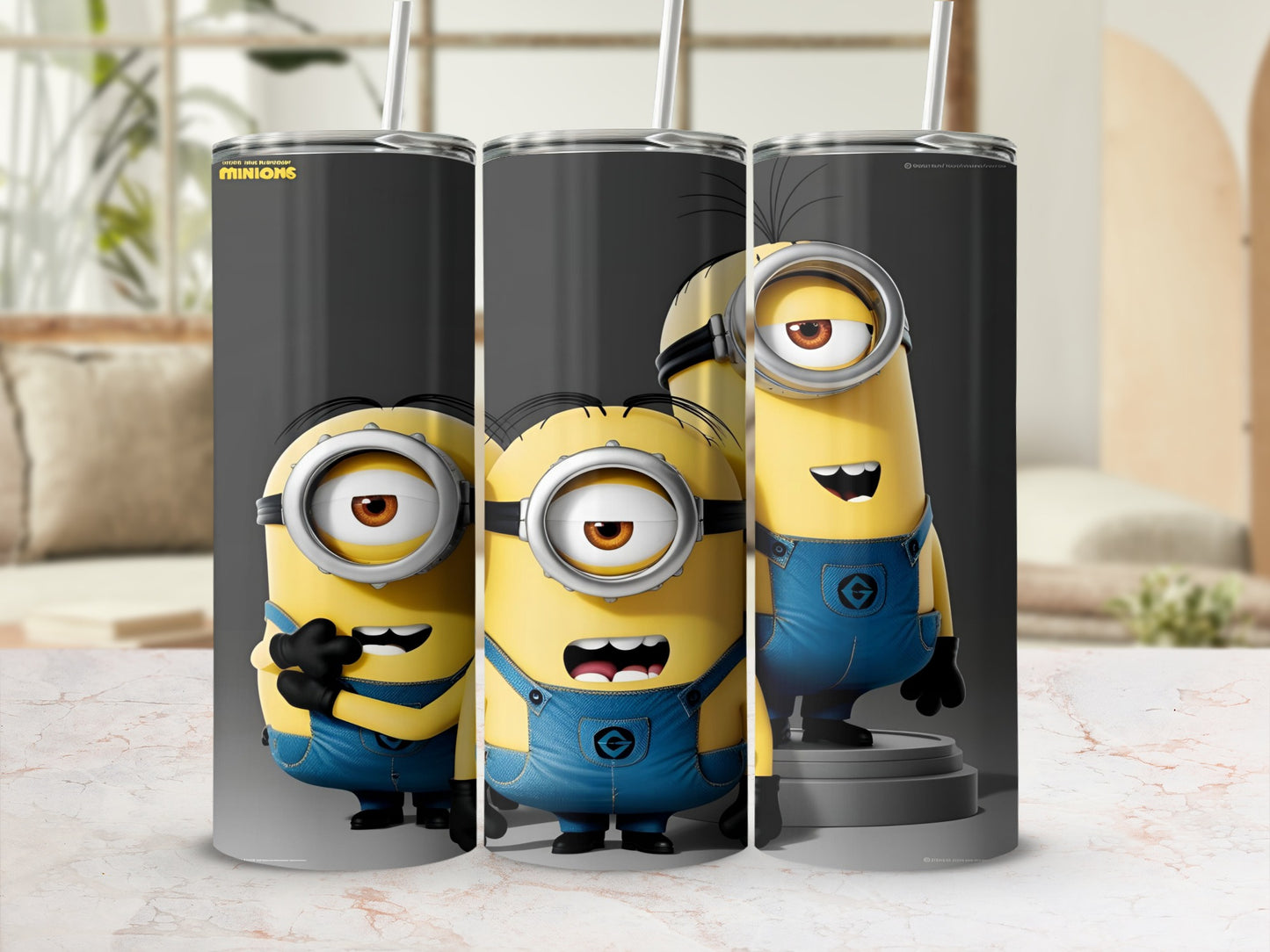 Three Minions from Despicable Me in blue overalls, smiling and holding straws.