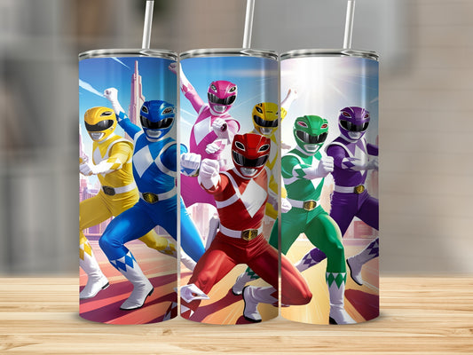 Mighty Morphin Power Rangers in colorful suits standing together.
