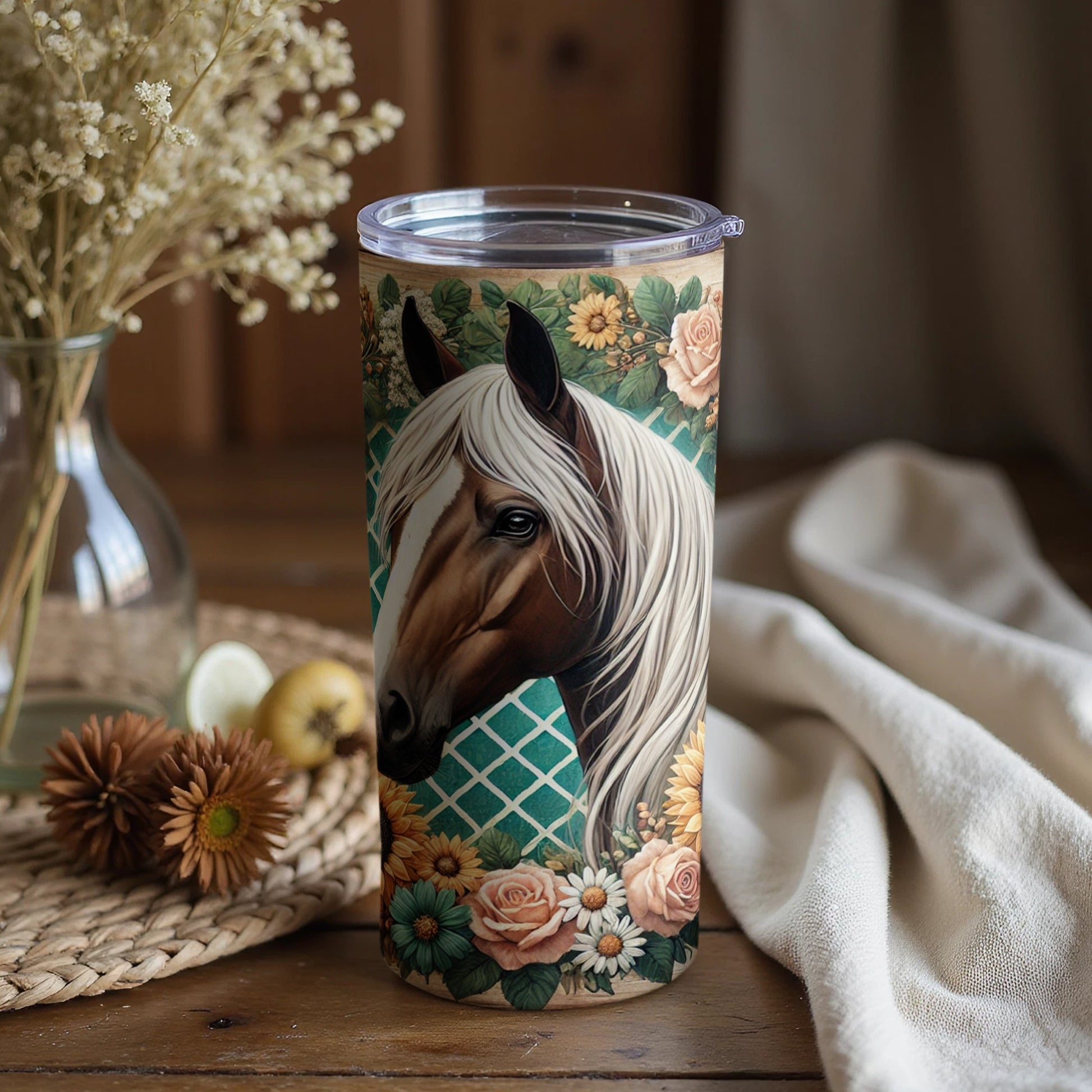 Majestic Horse Tumbler with Floral Design 20oz