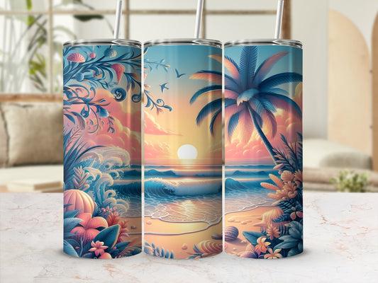 Three tumblers with a tropical beach sunset scene.