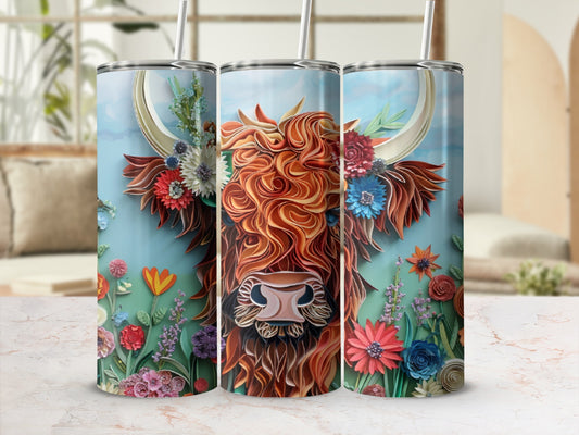 Tall tumbler with Highland cow and floral design.
