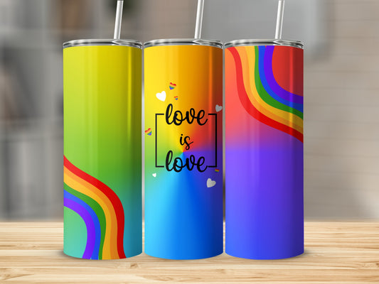 Three tumblers with rainbow designs and "love is love" text.