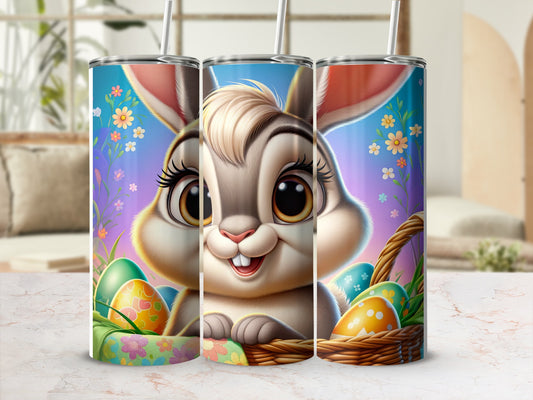 Cute cartoon bunny with Easter eggs in baskets and floral background.