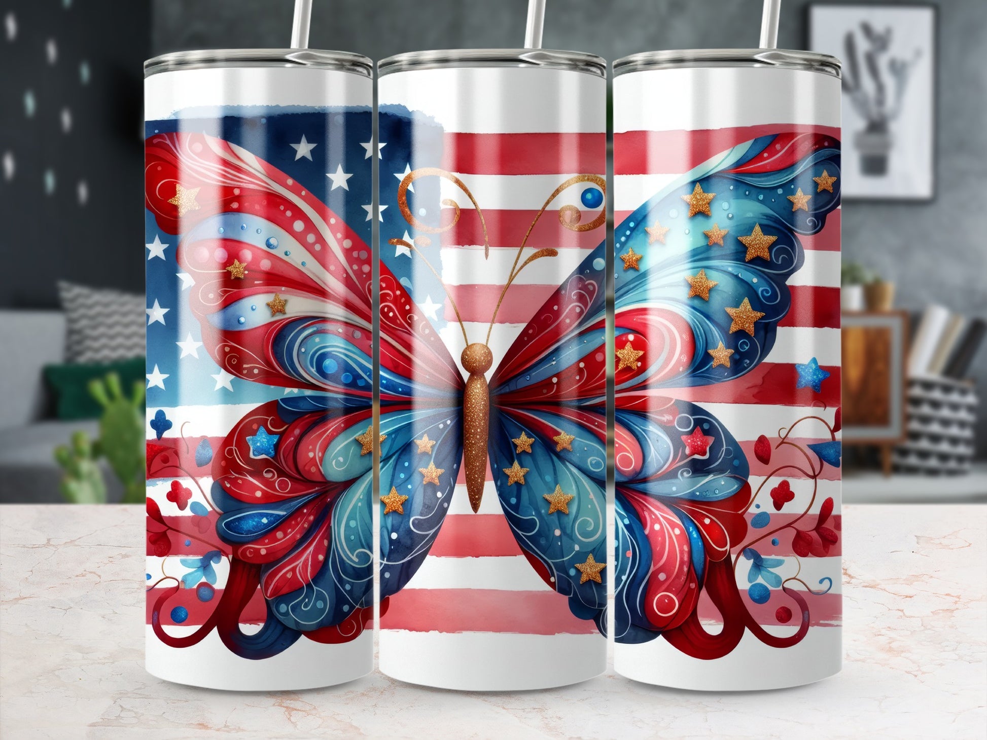 American flag butterfly design on three tumblers.