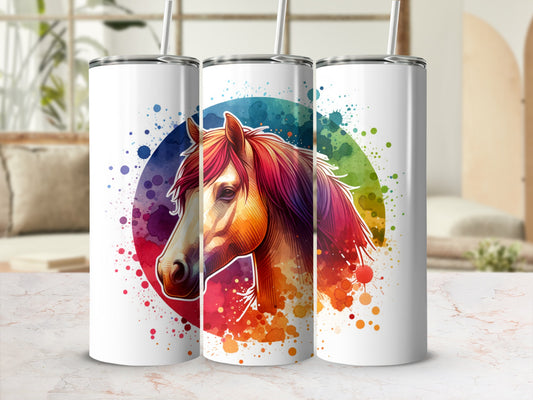 Watercolor horse head with colorful splash accents on three white tumblers.