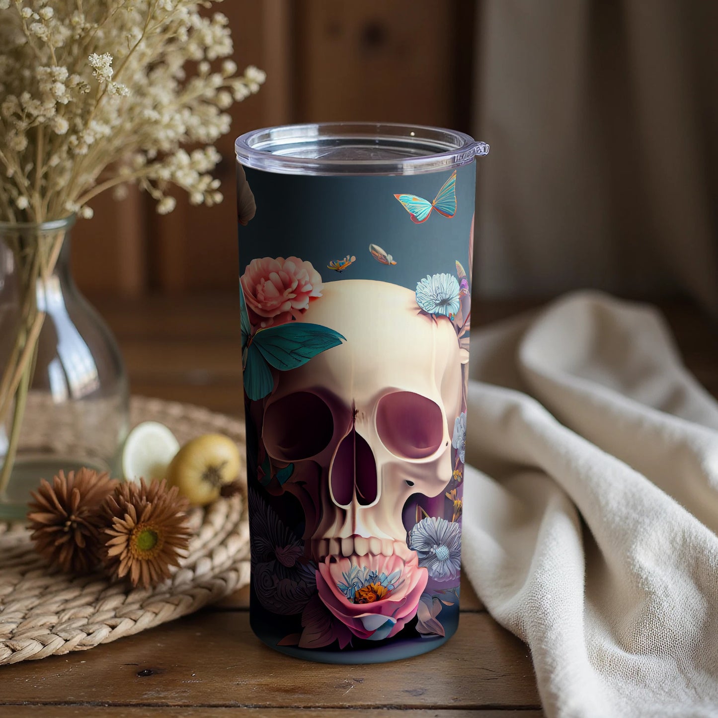 Skull With Colorful Floral and Butterfly Design Tumbler