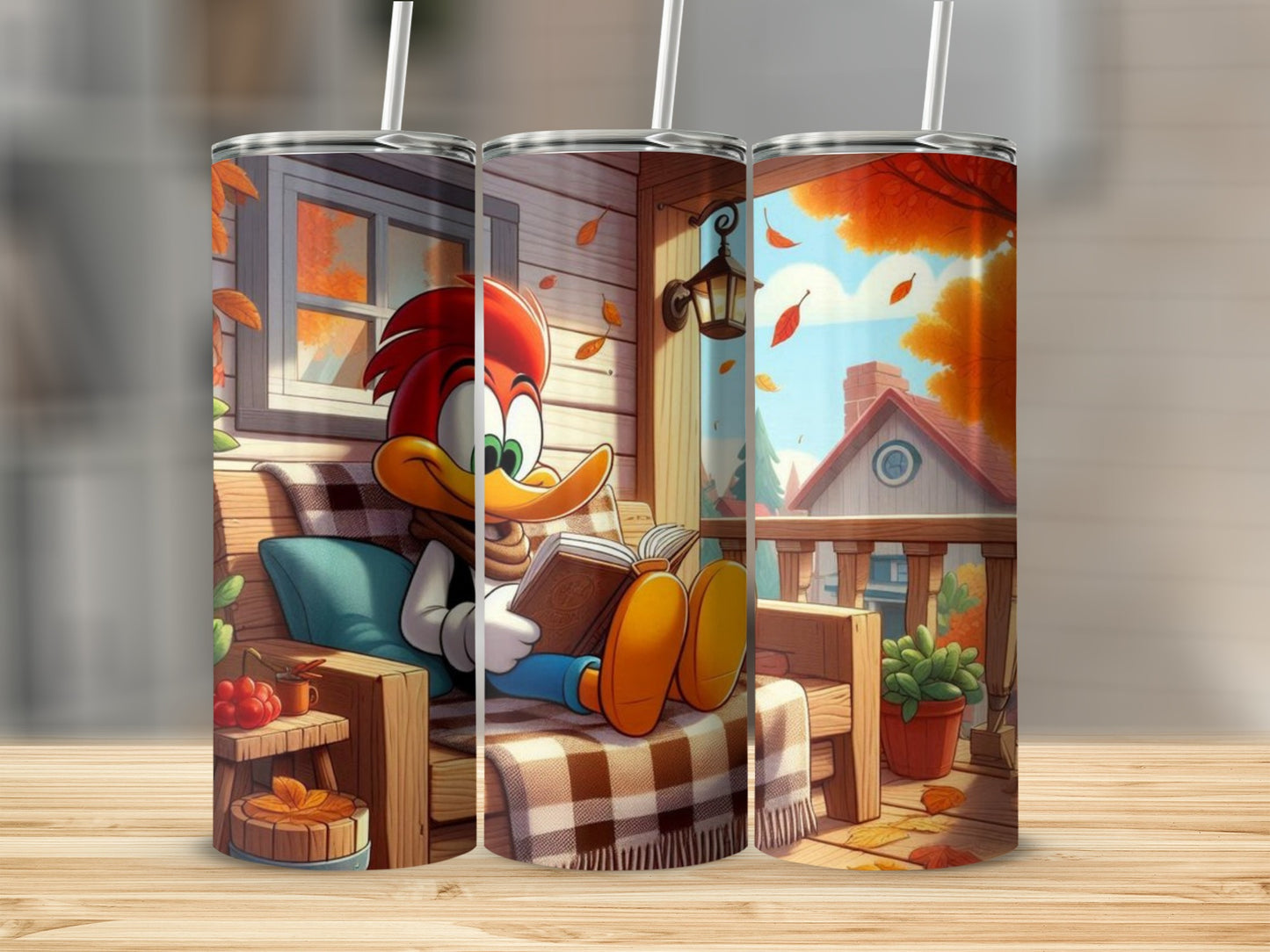 Cartoon Woodpecker Reading a Book Tumbler Design