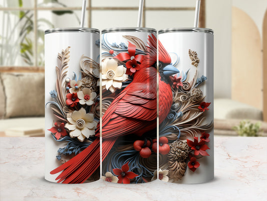 Three tumblers featuring a red cardinal surrounded by floral embellishments.