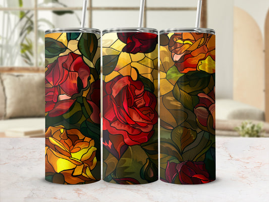 Three stained glass tumblers with a red and yellow rose floral pattern.