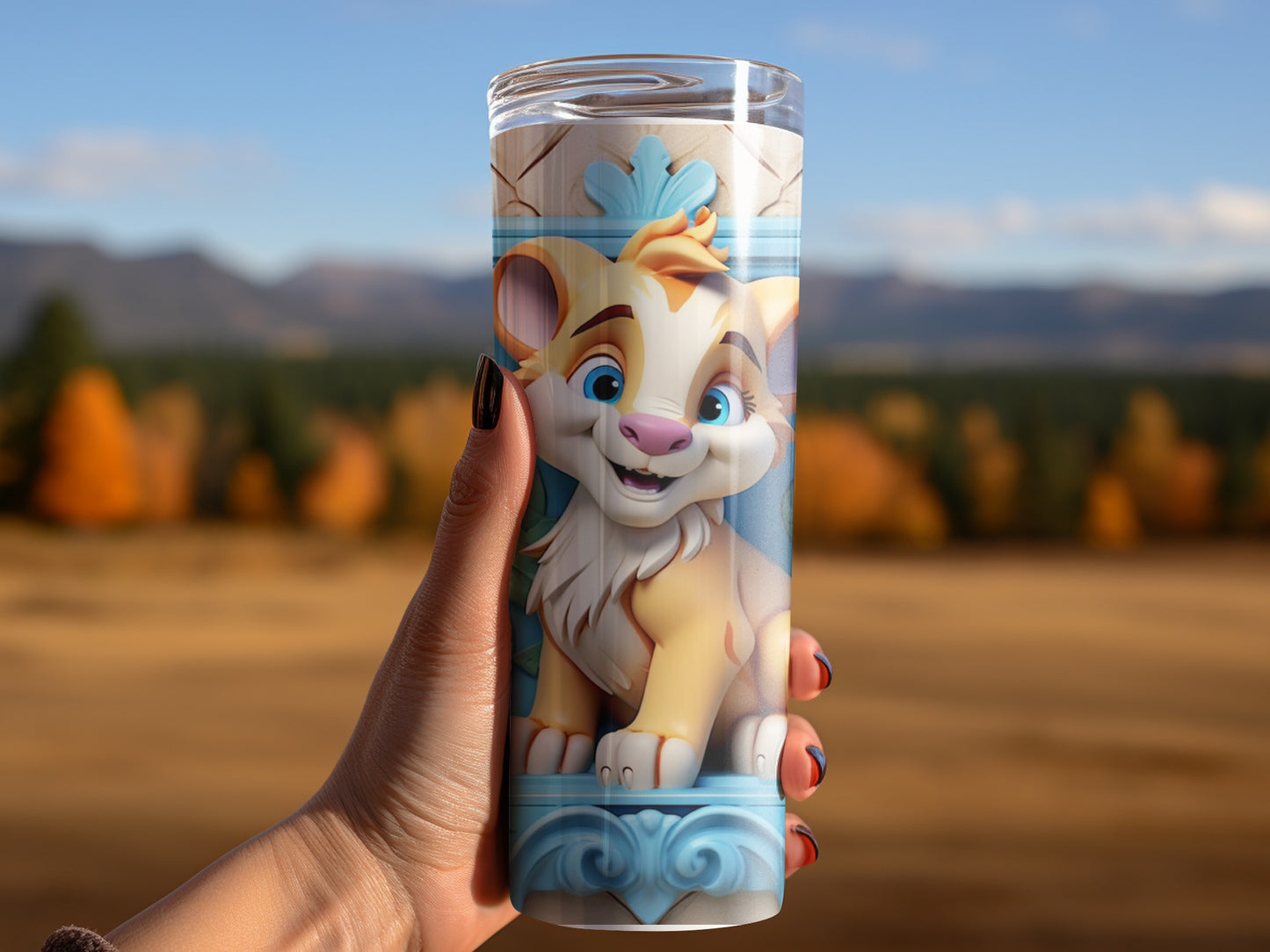 Adorable Cartoon Lion with Scenic Background Tumbler