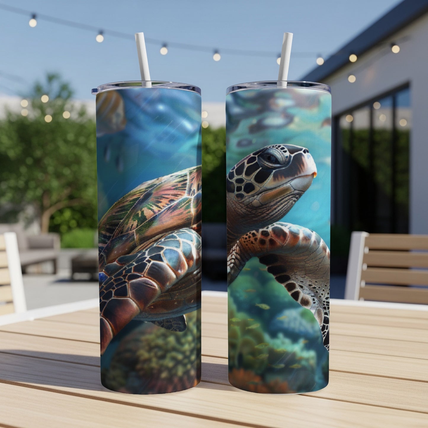 Two tall tumblers with sea turtle artwork displayed on a wooden table.