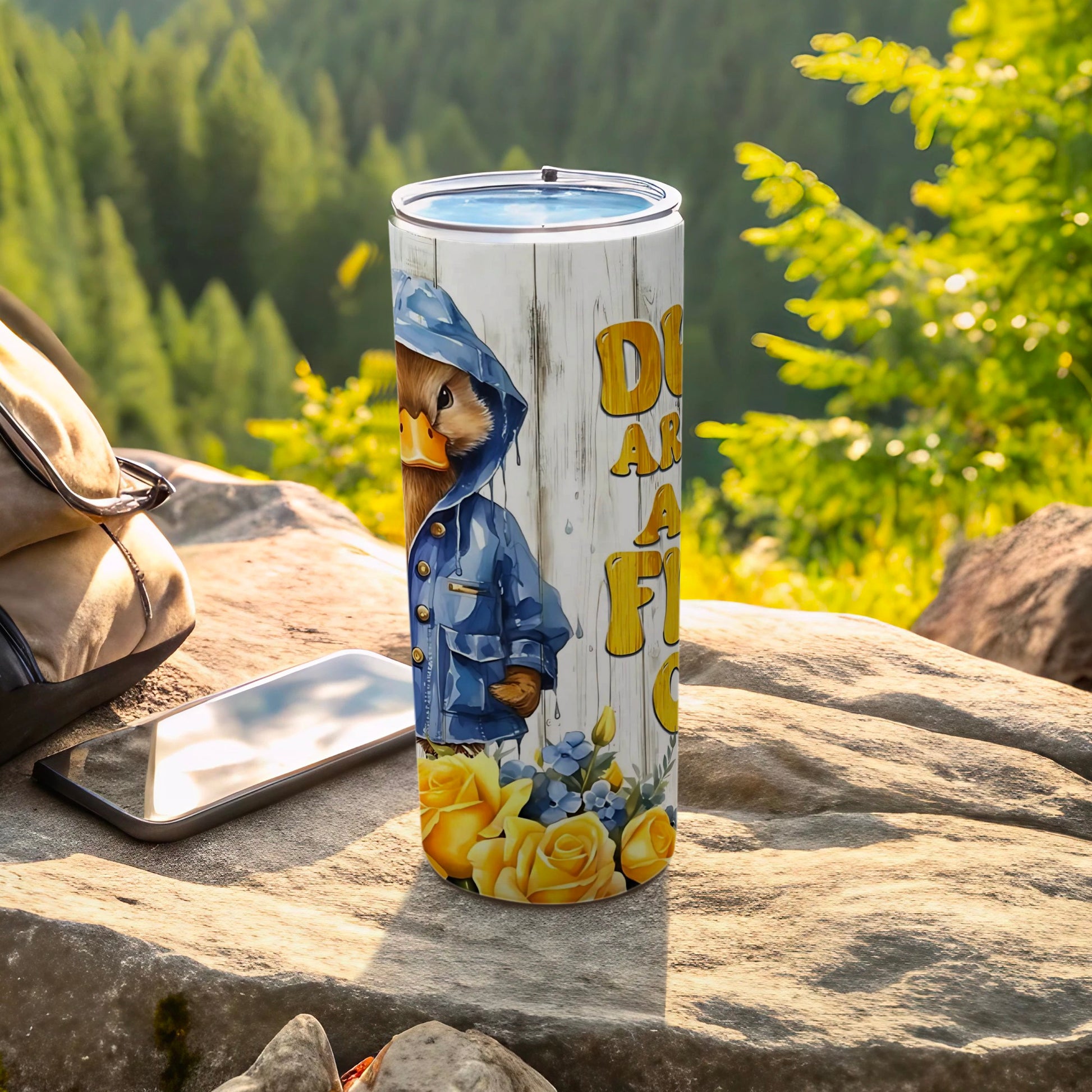 Cute Duck Raincoat Design Tumbler With Yellow Roses