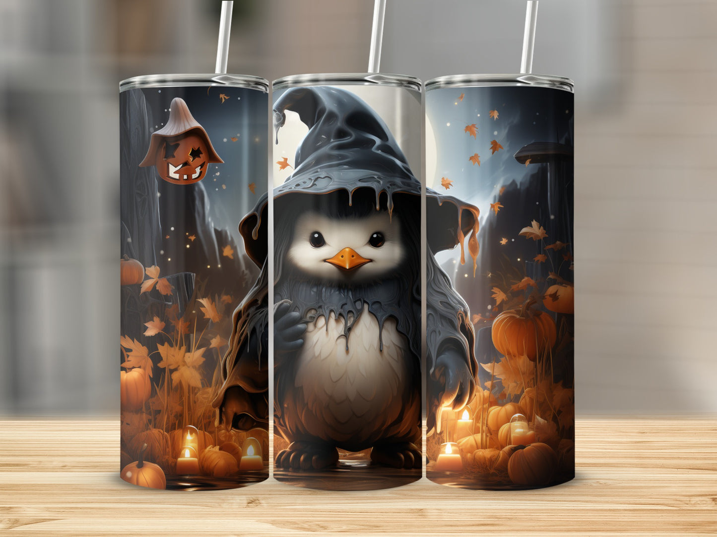 Three tumblers featuring a Halloween-themed penguin in a witch hat.